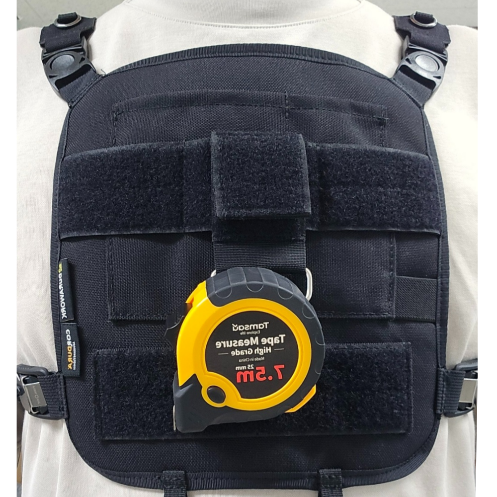 DURAWORK 504 Webbing Connector securely holding a tape measure on a tool belt, showcasing its utility as a hanger.
