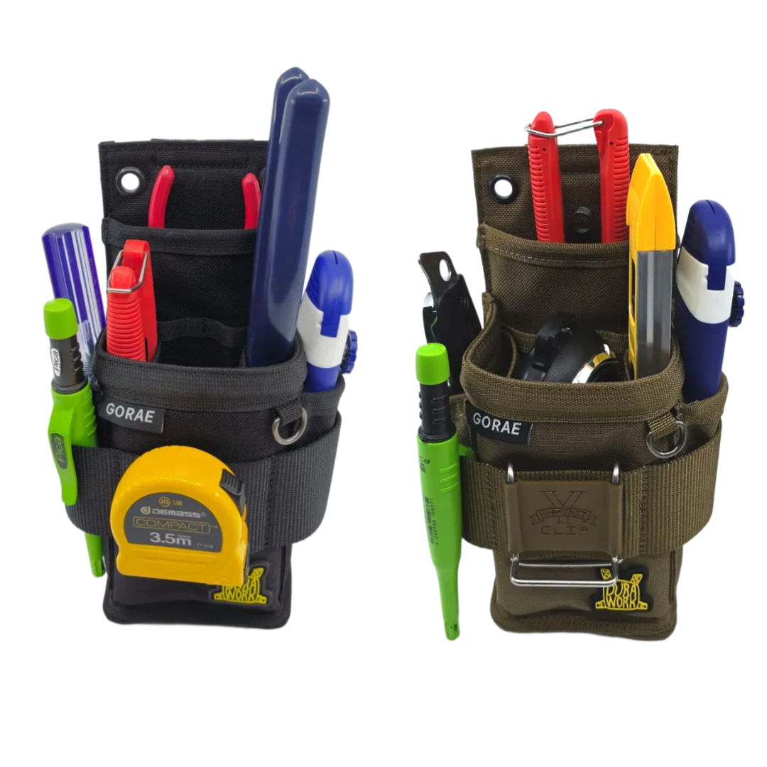 Lightweight DURAWORK GORAE Pouch (210g) with distinctive rubber patch, attached to a tool belt for easy access.