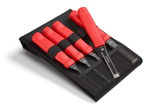 Five-piece set of carbon steel chisels from Hultafors, featuring vibrant red grips and sharp blades in various sizes for versatile applications.