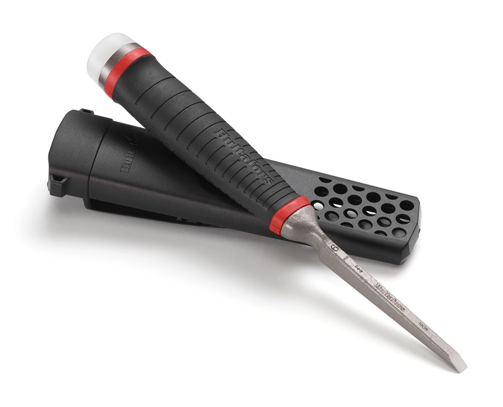 A Hultafors Heavy Duty Chisel (HDC) with its protective holster, showcasing the Santoprene handle.