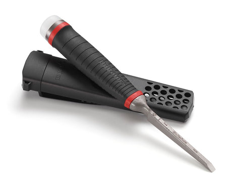 A Hultafors Heavy Duty Chisel (HDC) with its protective holster, showcasing the Santoprene handle.