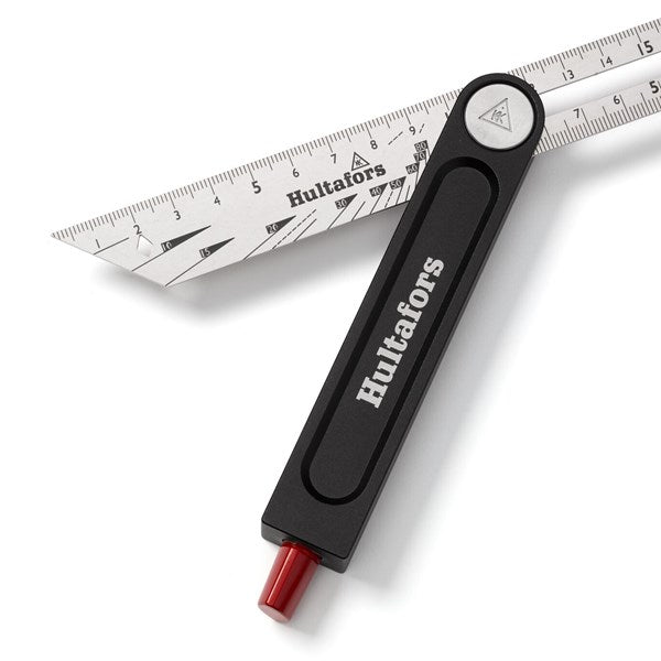 Close-up of the dual-sided laser-etched millimeter and angle markings on the Hultafors Sliding Bevel's stainless steel blade.