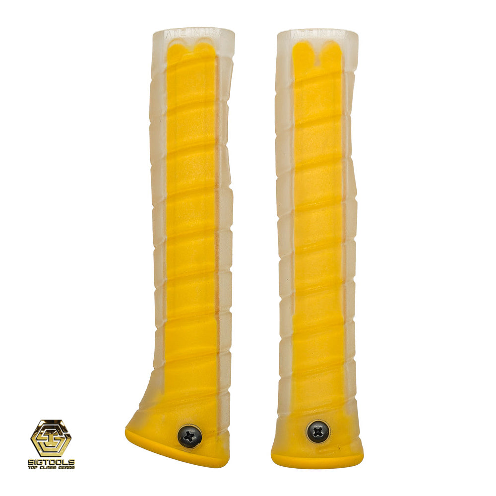 A Martinez hammer handle featuring both a curved and straight grip, with a clear overlay and a yellow insert, designed for comfortable and secure handling.