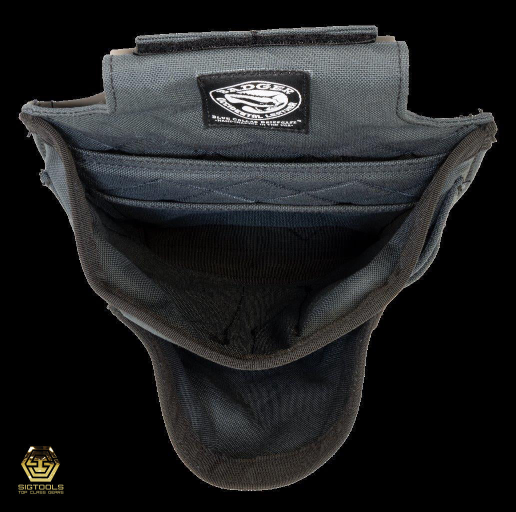 A top view of a gunmetal Badger trim set fastener bag, highlighting the numerous pockets designed for efficient storage and organisation of tools and accessories.
