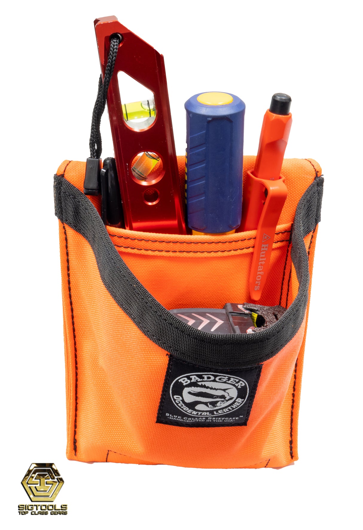A high visibility tool pouch from Badger, filled with tools and accessories, ready for efficient and organized use.