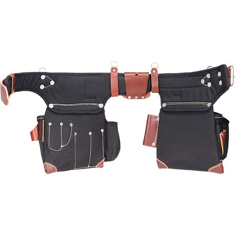 Detailed view of the durable tool belt featuring High Mount Hammer Holder, leather tool holders, and reinforced corners, ideal for construction and carpentry work.