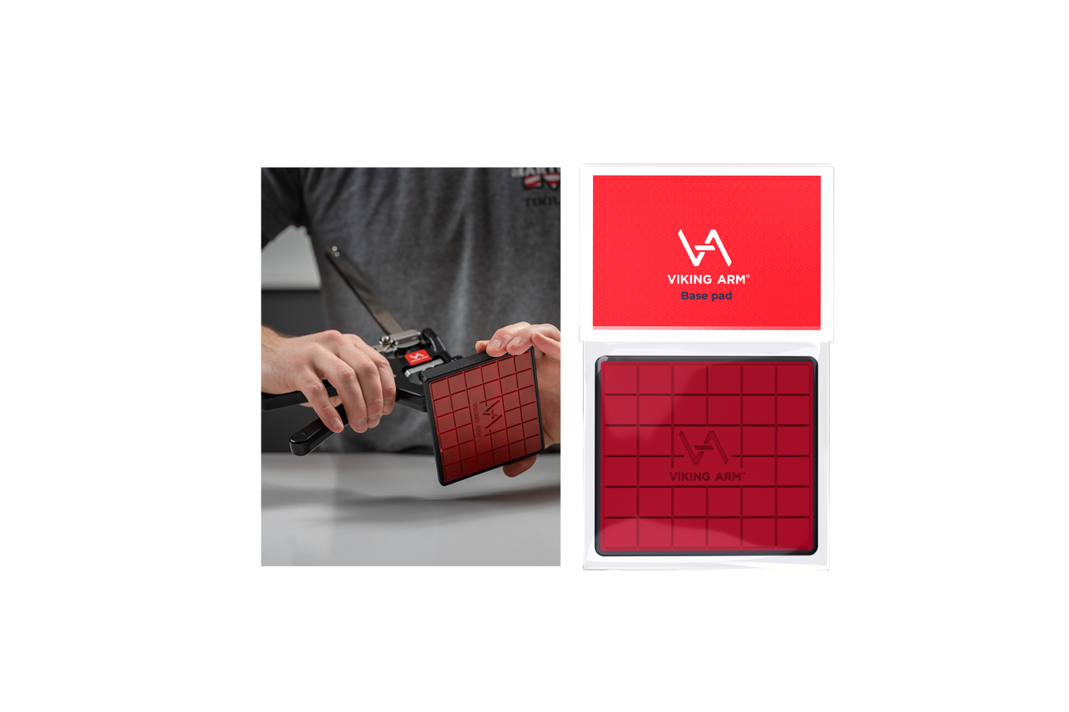 Detailed view of the Viking Arm® CIK's high-quality materials, featuring light-weight fiberglass PA and non-slip/non-scratch TPE, emphasizing durability and surface protection during cabinet installation.