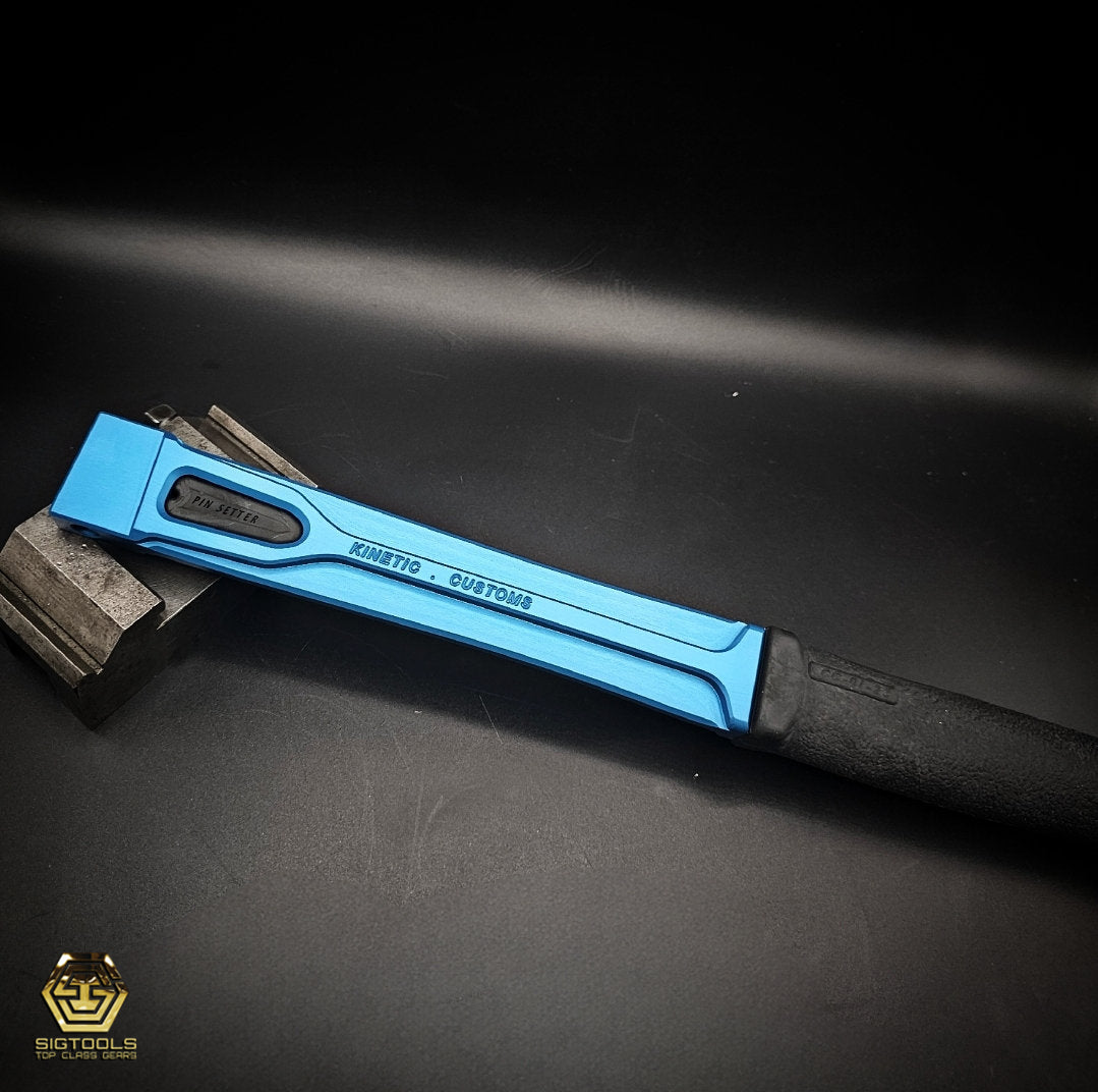 "Blue KC handle with black handle" provides a description of an image featuring a Kinetic Customs handle in blue with a black handle.
