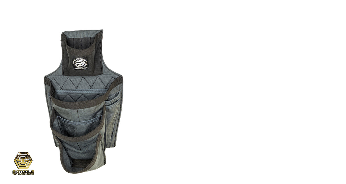 A specialised fastener bag from Badger in a sleek gunmetal grey color, meticulously crafted for framers to efficiently organize and transport fasteners alongside essential tools.