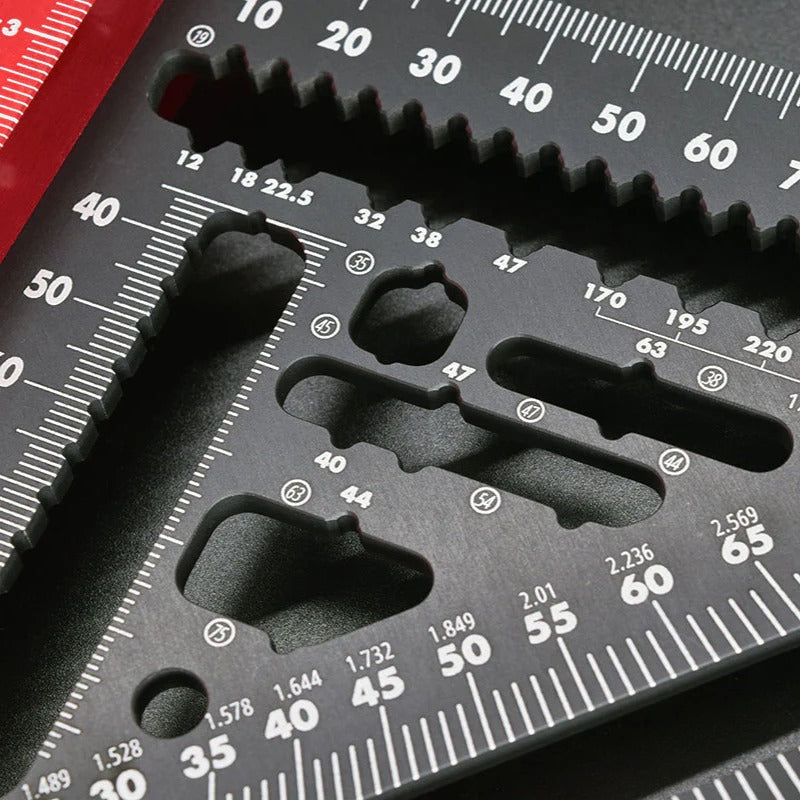 Close-up of the ultra-precise, bright white laser-etched markings and scribe notches on the TrigJig Grafter 180.