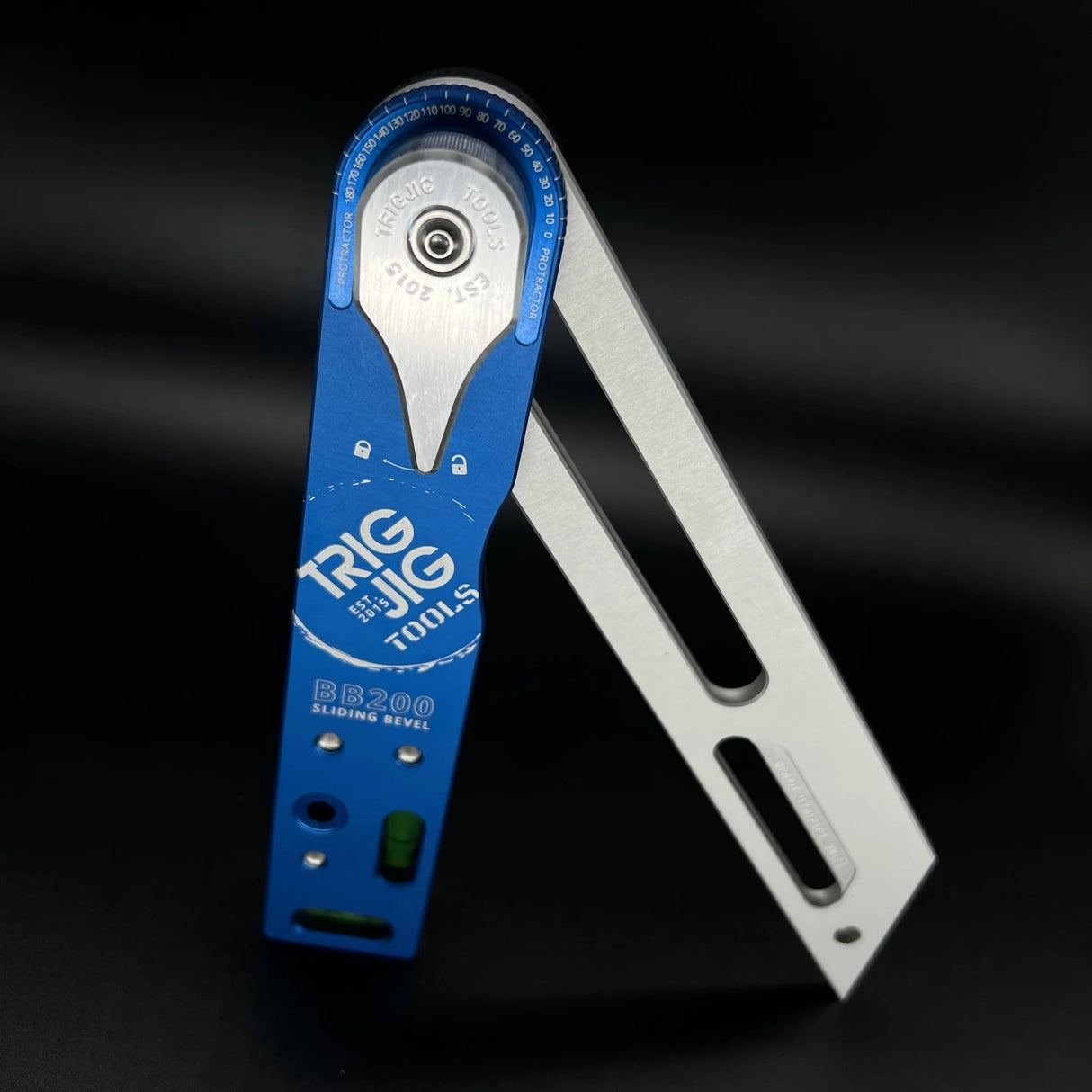 TrigJig BB200 Sliding Bevel in anodized Blue, showcasing its CNC-machined body and integrated bubble levels. Made in England.