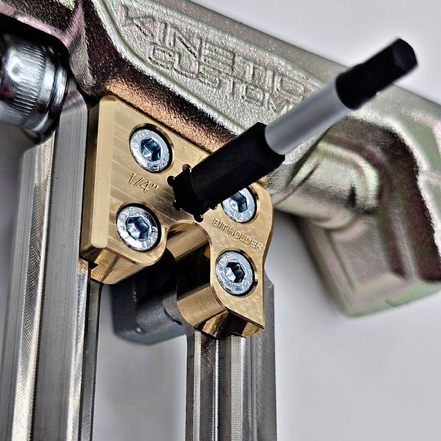 Close-up of the Kinetic Customs Nighthawk Brass Weight showcasing its precision CNC machining and integrated 1/4 inch bit holder.