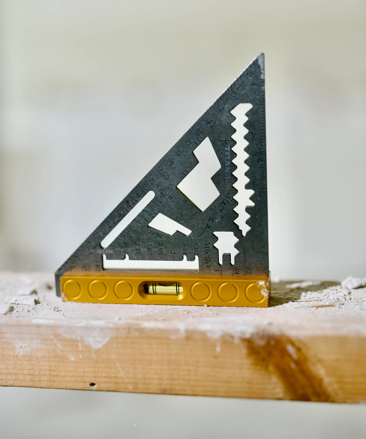 Martinez Titanium Micro Square: precision laser-cut scribe markings on a durable titanium blade for exacting professional measurements.