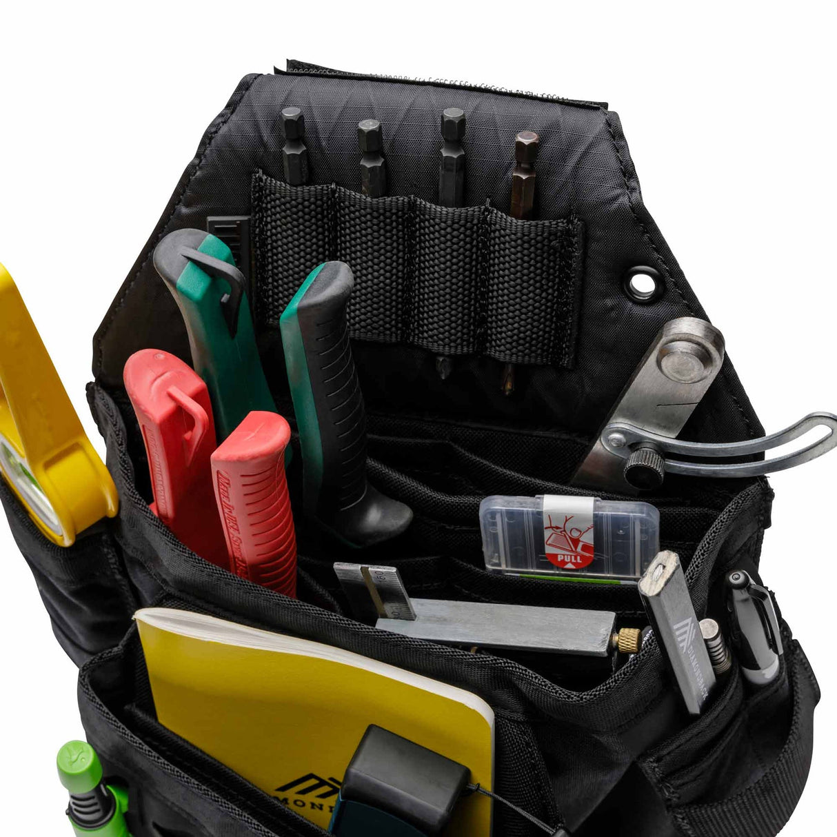 Compact and lightweight tool pouch with 6 internal tool slots.