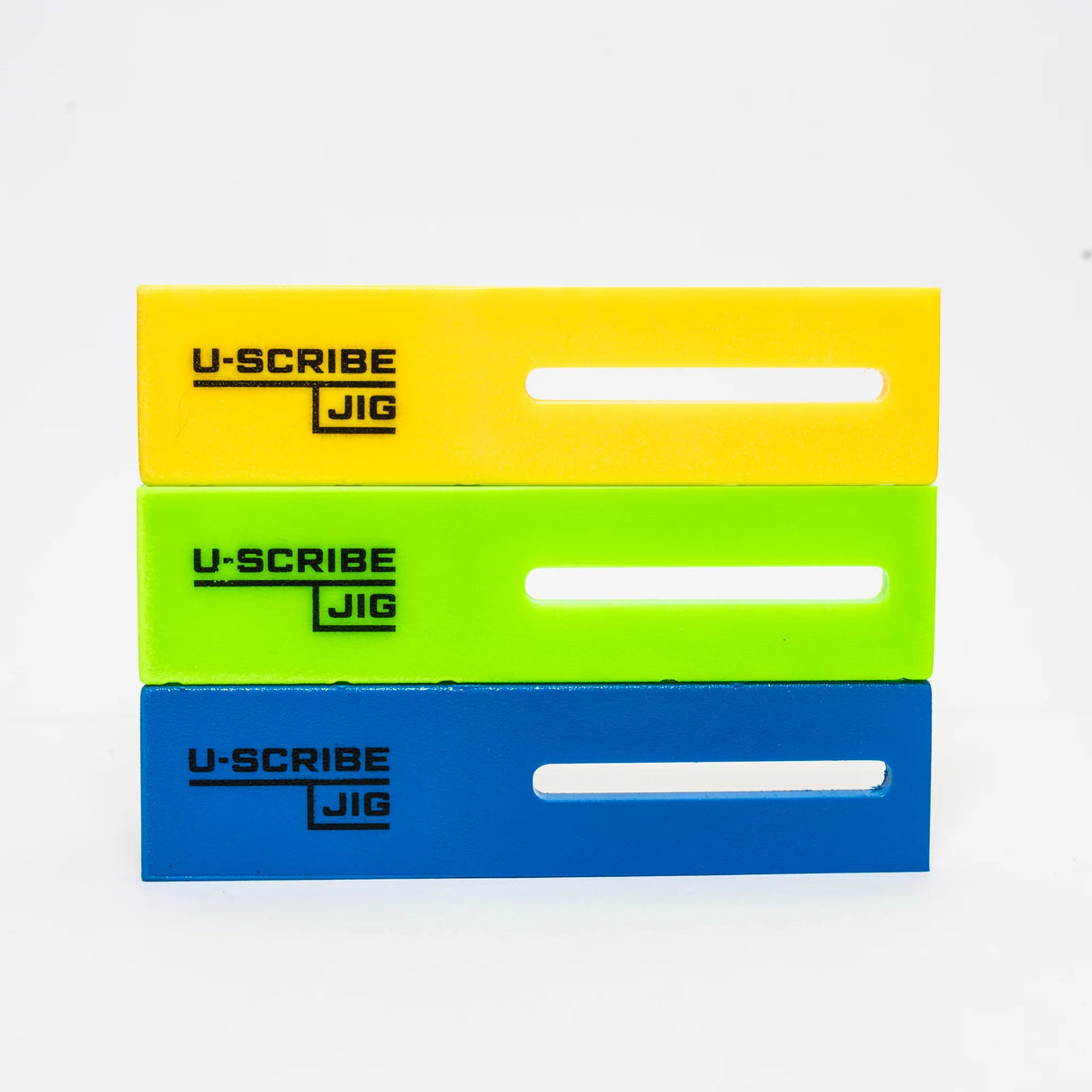 Detailed view of the 9 jigs in the U-Scribe Jig installers set, including 3 x 16mm, 3 x 18mm, 3 x 19mm, showcasing their versatility for various installation needs.