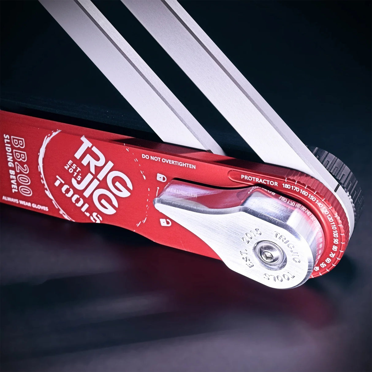 Close-up of the protractor scale and white space for notes on the TrigJig BB200 Sliding Bevel, a tool designed in England for craftsmen.