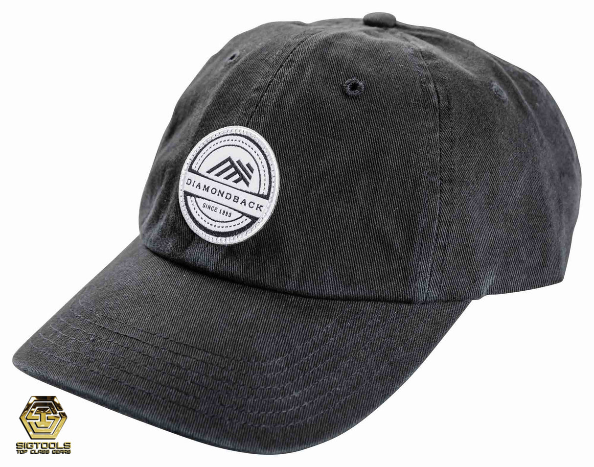 A front view of a Diamondback dad hat with a Black and white logo, a stylish accessory for fans of the brand.