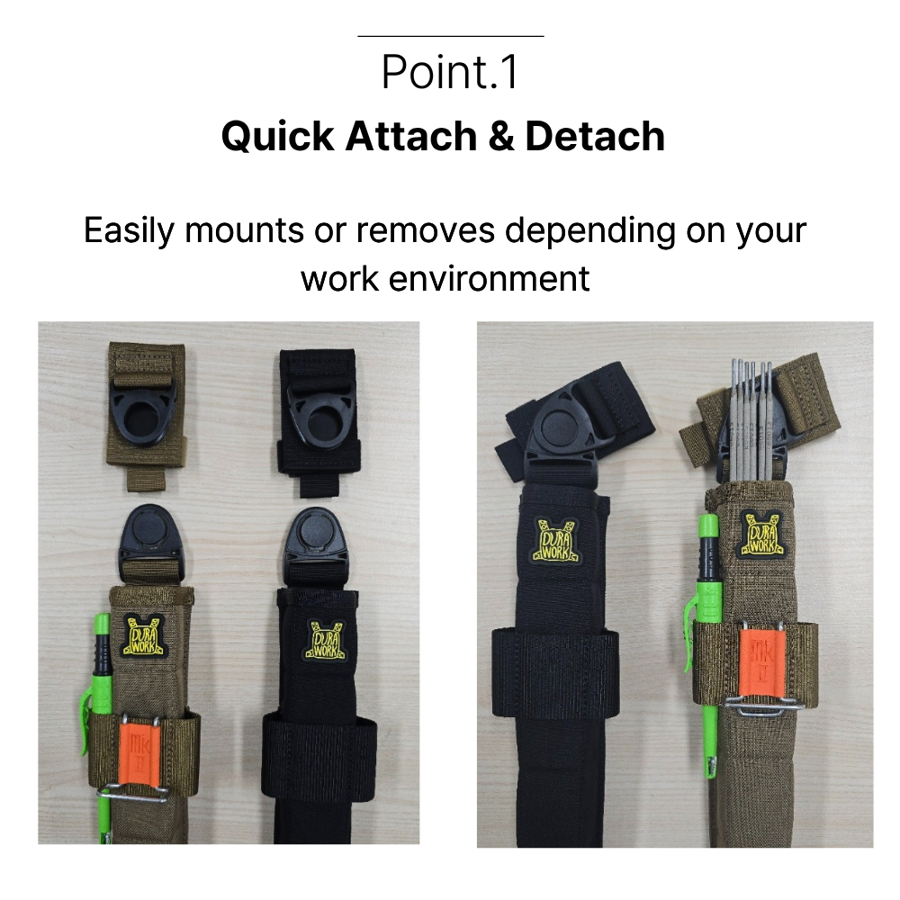 A close-up of the innovative 'Pinocchio Joint Clip Lock' on the Dura 408 pouch, ensuring a secure belt attachment.