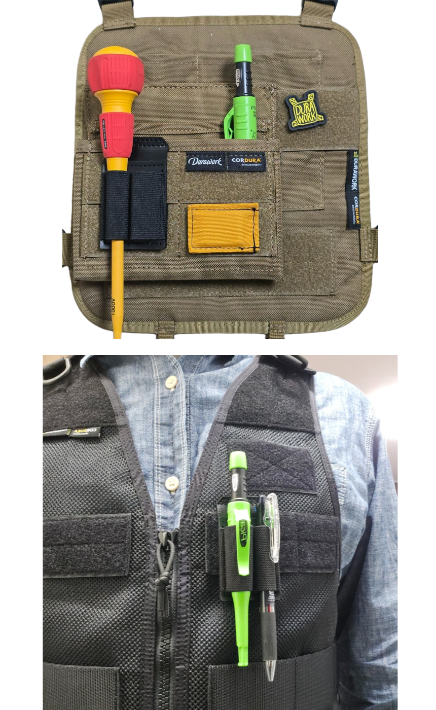 The Dura 507 holder shown attached to a DURAWORK tool panel, securely holding a marker and a screwdriver.