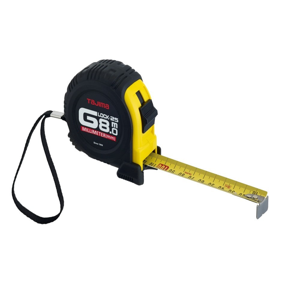 The Tajima G258 G-Lock Measuring Tape, showcasing its robust, shock-resistant case and ergonomic grip.