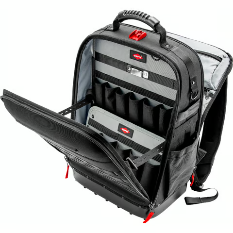 The KNIPEX Modular X18 Tool Backpack standing upright on its waterproof, impact-resistant molded base.