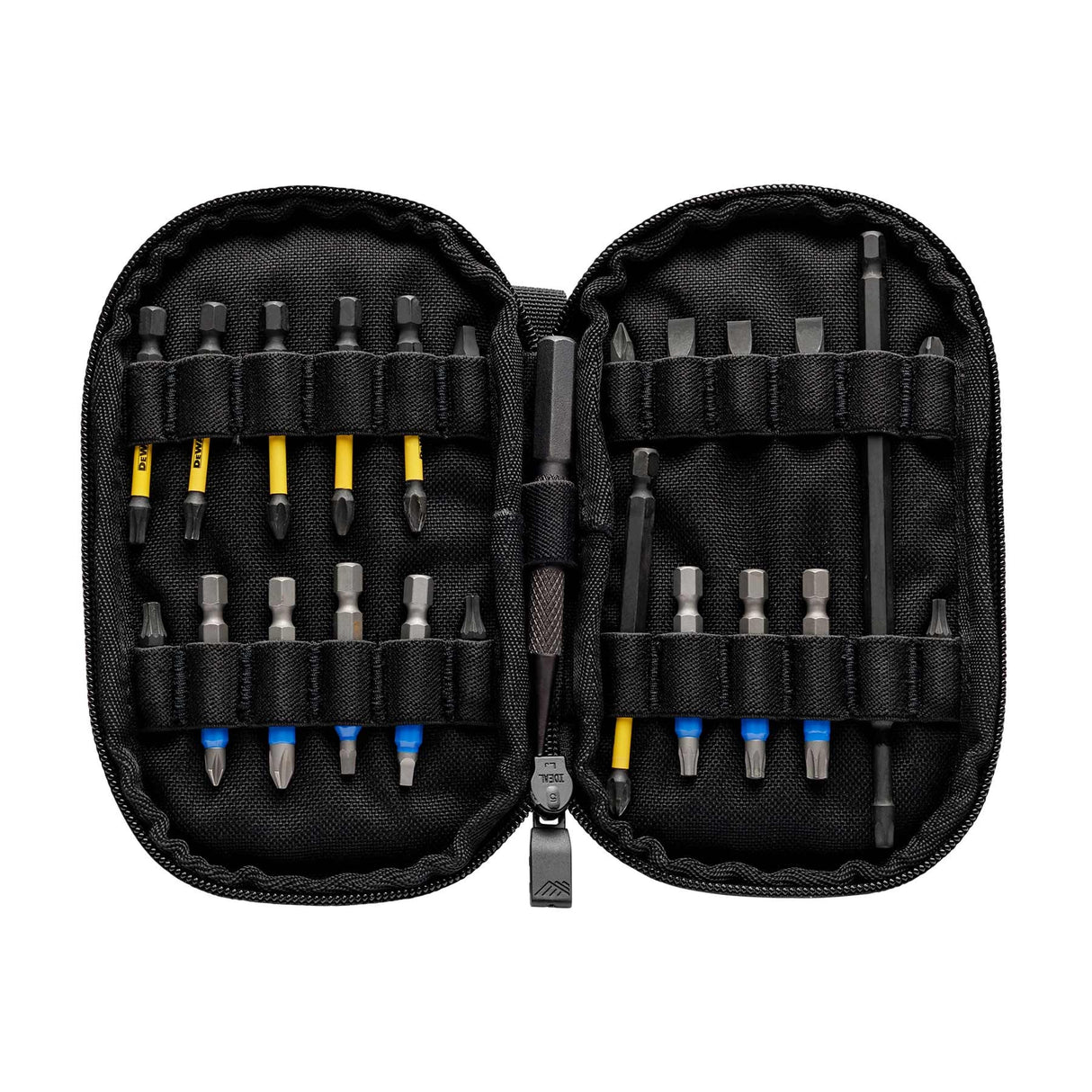 A full set of driver and drill bits neatly organized in the 25 individual slots of the Diamondback Bit Case X.