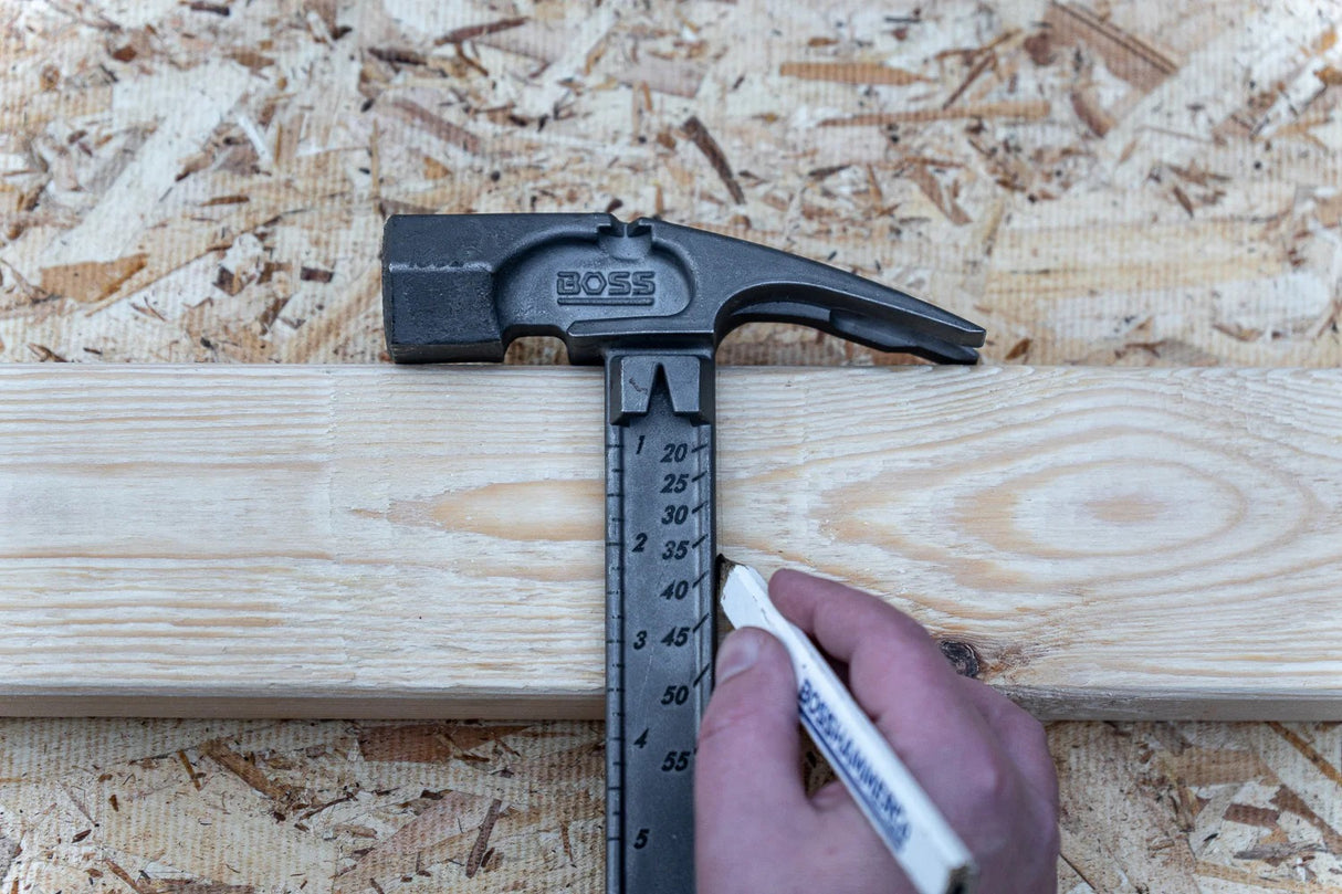 Close-up of the Boss Hammer Pro Plus head, showing the SQUARE ONE metric markings and HEXFACE design.