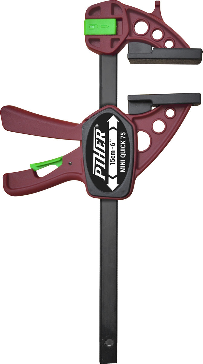 A close-up of the durable nylon and fiberglass heads on the Piher Mini Quick Clamp.