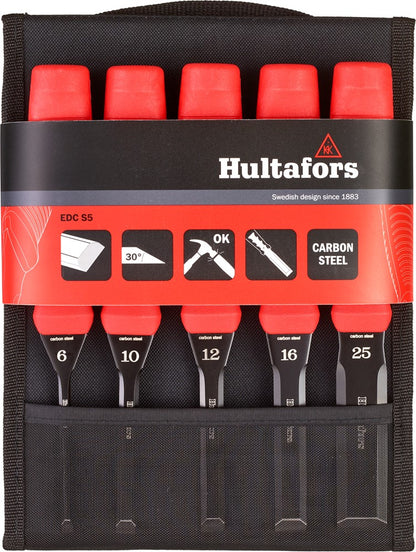 Five-piece set of carbon steel chisels from Hultafors in the black sheath, featuring vibrant red grips and sharp blades in various sizes for versatile applications.