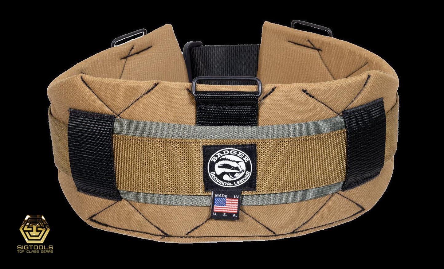 A Sawdust Sage Badger Belt, securely fastened, demonstrating its functionality as a tool belt designed to conveniently organize a variety of tools and accessories.