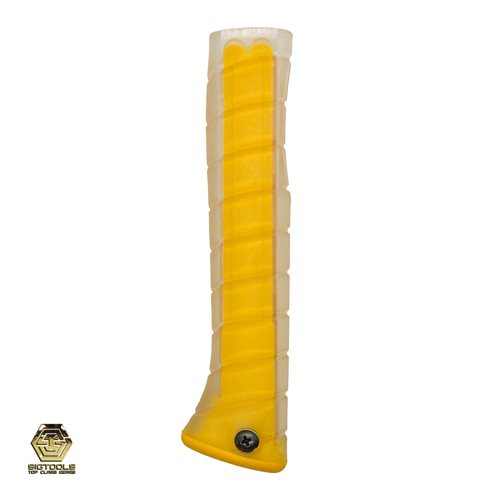 A Martinez hammer handle featuring a curved grip with a clear overlay and a distinctive yellow insert.