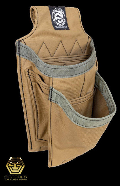 side view of a fastener bag in the Sawdust Sage colour, the [Badger] Trim Set, designed for efficient storage and organisation of fasteners and small tools.