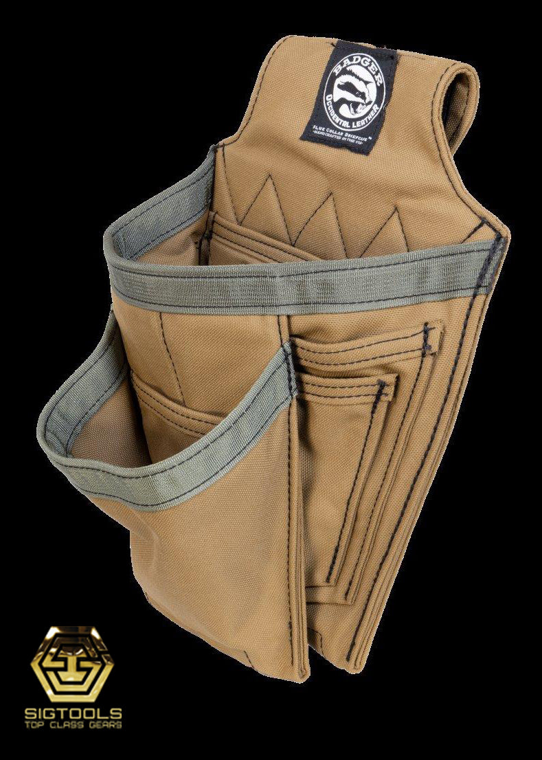 side view of a fastener bag in the Sawdust Sage colour, the [Badger] Trim Set, designed for efficient storage and organisation of fasteners and small tools.