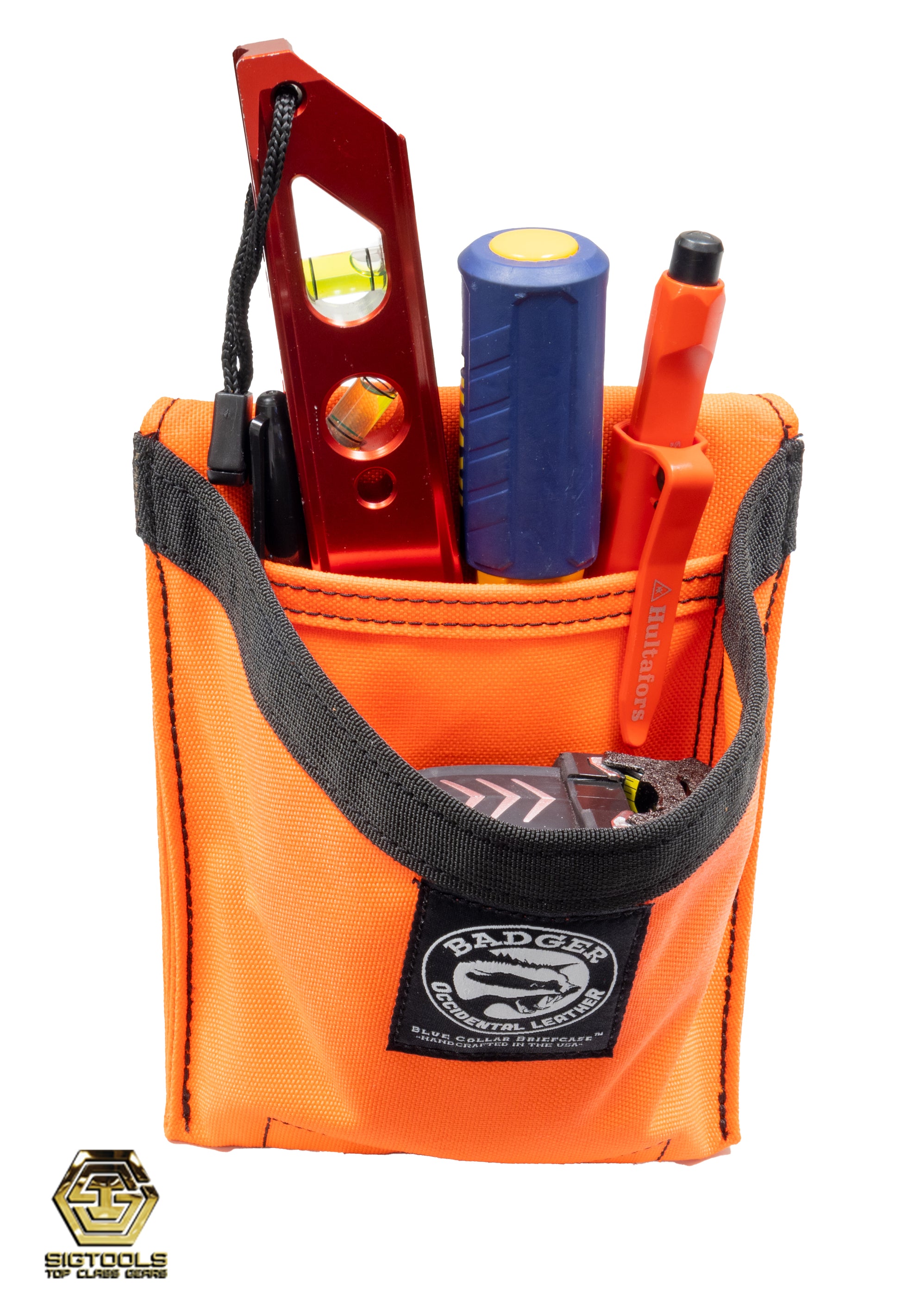 A  high visibility tool pouch from Badger, filled with tools and accessories, ready for efficient and organized use.