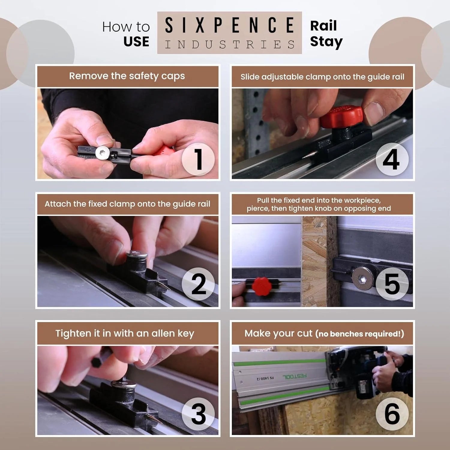 Practical application of the Universal Guide Rail Stay for cutting timber sheet materials like PLYWOOD, MDF, OSB, and PLASTERBOARD, showcasing its wide material compatibility.