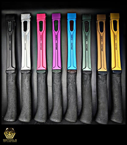  "All colors-KC handle (Black, Silver, Pink, Purple, Green, Blue, Gold, Bronze) with black grip" provides a detailed description of an image featuring Kinetic Customs handles in various colors, each equipped with a black grip. 