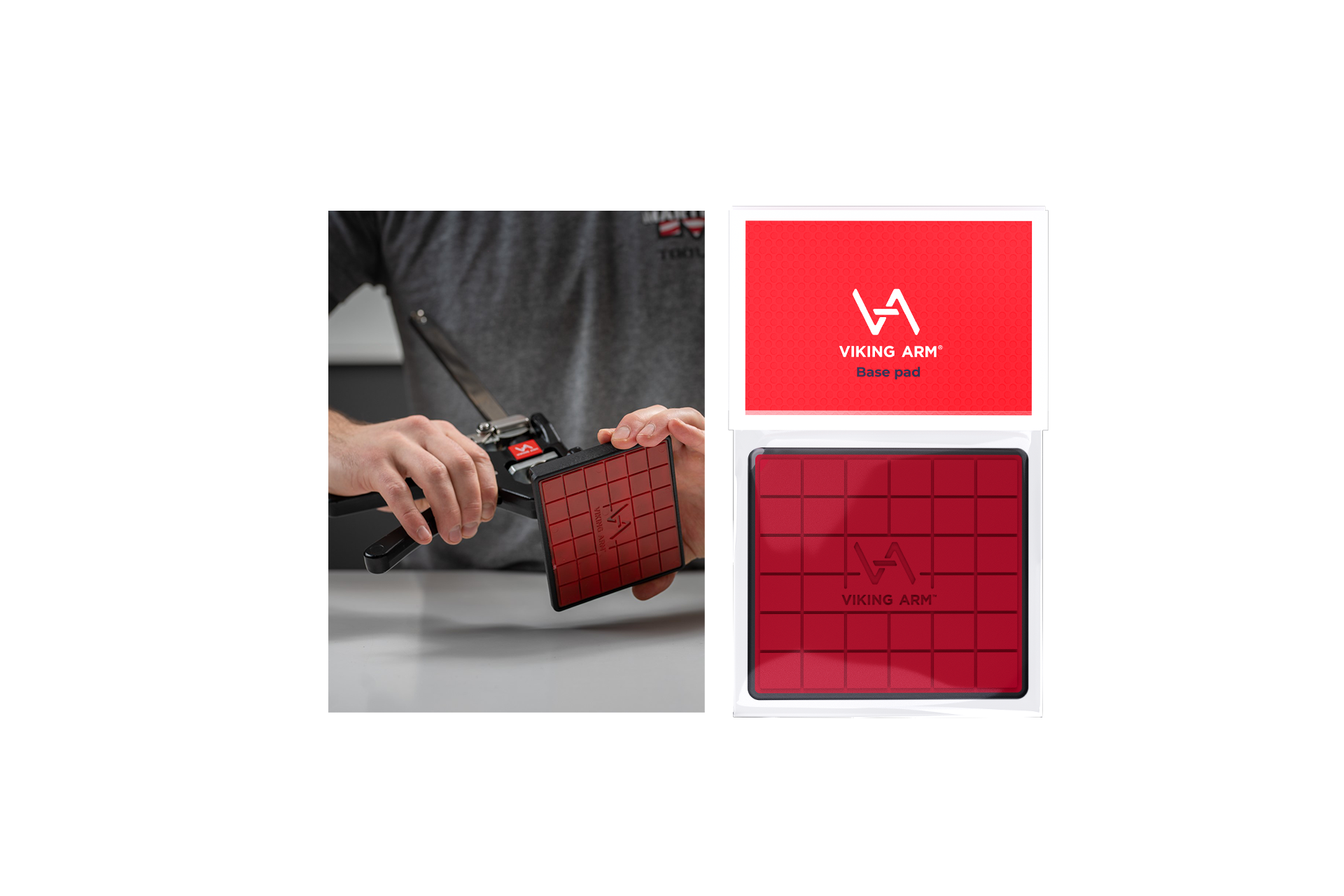 Detailed view of the Viking Arm® CIK's high-quality materials, featuring light-weight fiberglass PA and non-slip/non-scratch TPE, emphasizing durability and surface protection during cabinet installation.
