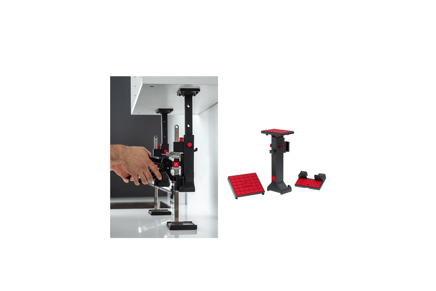 Components of the Viking Arm® CIK, including lightweight fiberglass PA arms and non-slip/non-scratch Base and Lifting Pads, showcasing the kit's dimensions of 243 – 385 x 115 x 104mm and weight of 0.640kg.