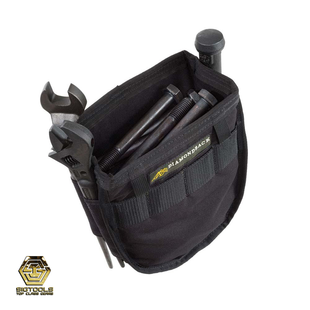 A black Diamondback bolt-fitting bag filled with various tools and equipment for organizing and transporting bolts and fittings."