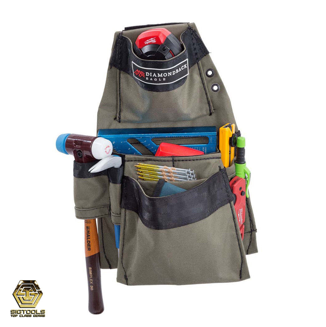 "Diamondback Eagle Pouch in Ranger Green loaded with square, marking tools and bits- Right Hand Configuration"
