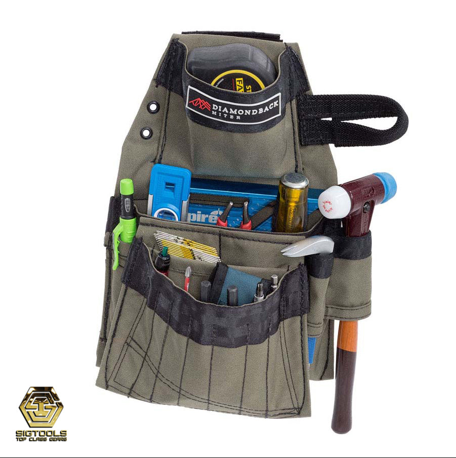 "Diamondback Miter Pouch in Ranger Green loaded with measuring tape , marking tools, square and bits- Left Hand Configuration"