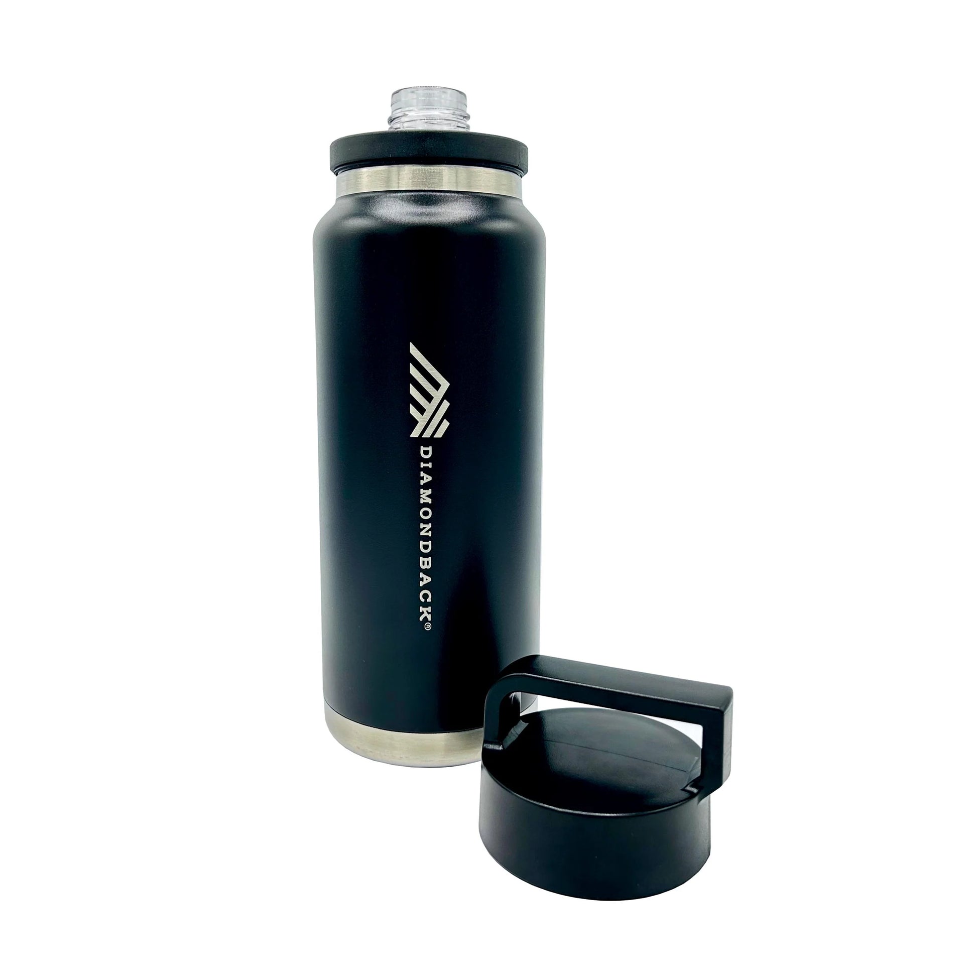 Leakproof and drop-resistant Diamondback H2Go bottle with durable screw-on lid and laser-etched logo, available in 18oz and 36oz sizes