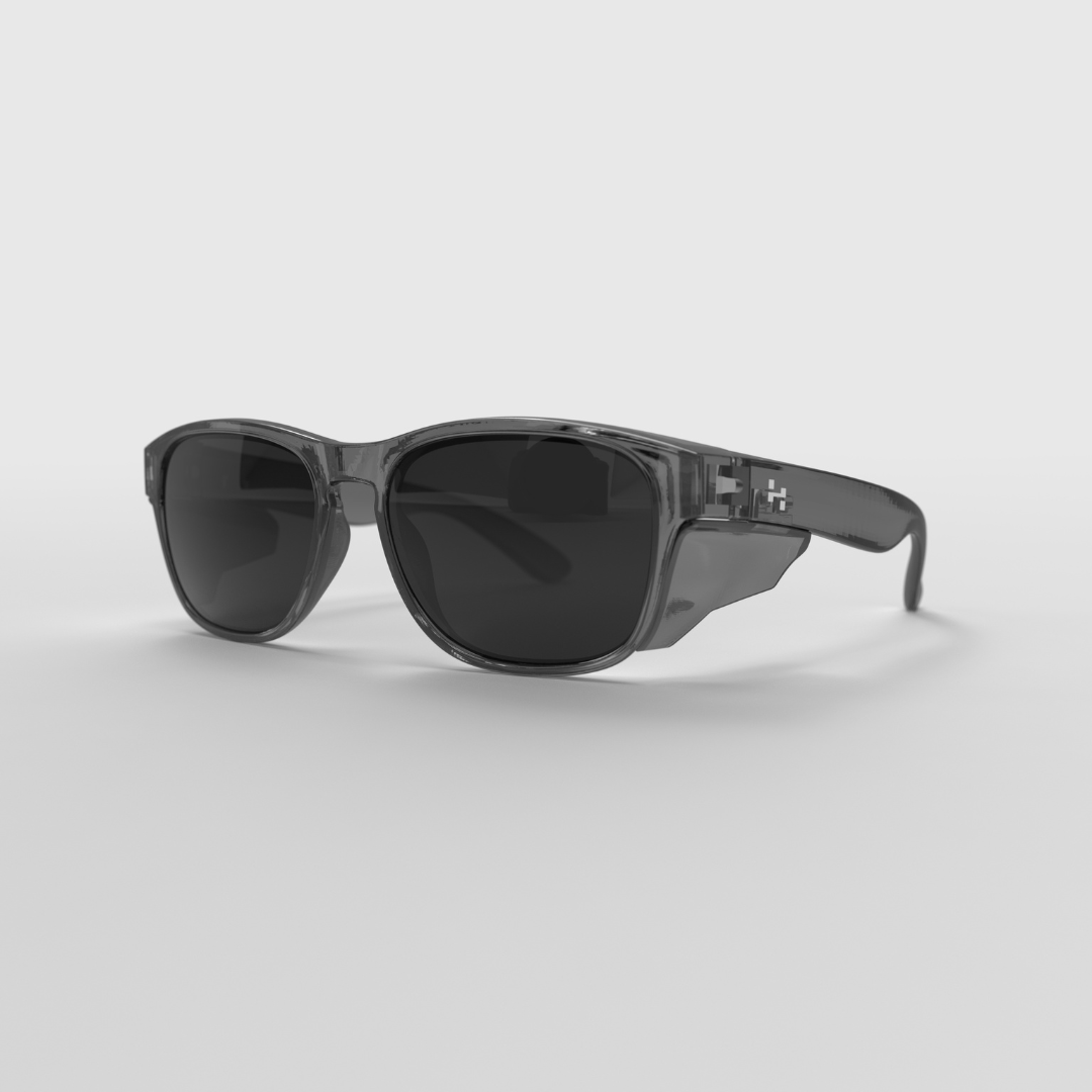 Hyspecs Serie ICON transparente con lente tintada en gris y protectores laterales