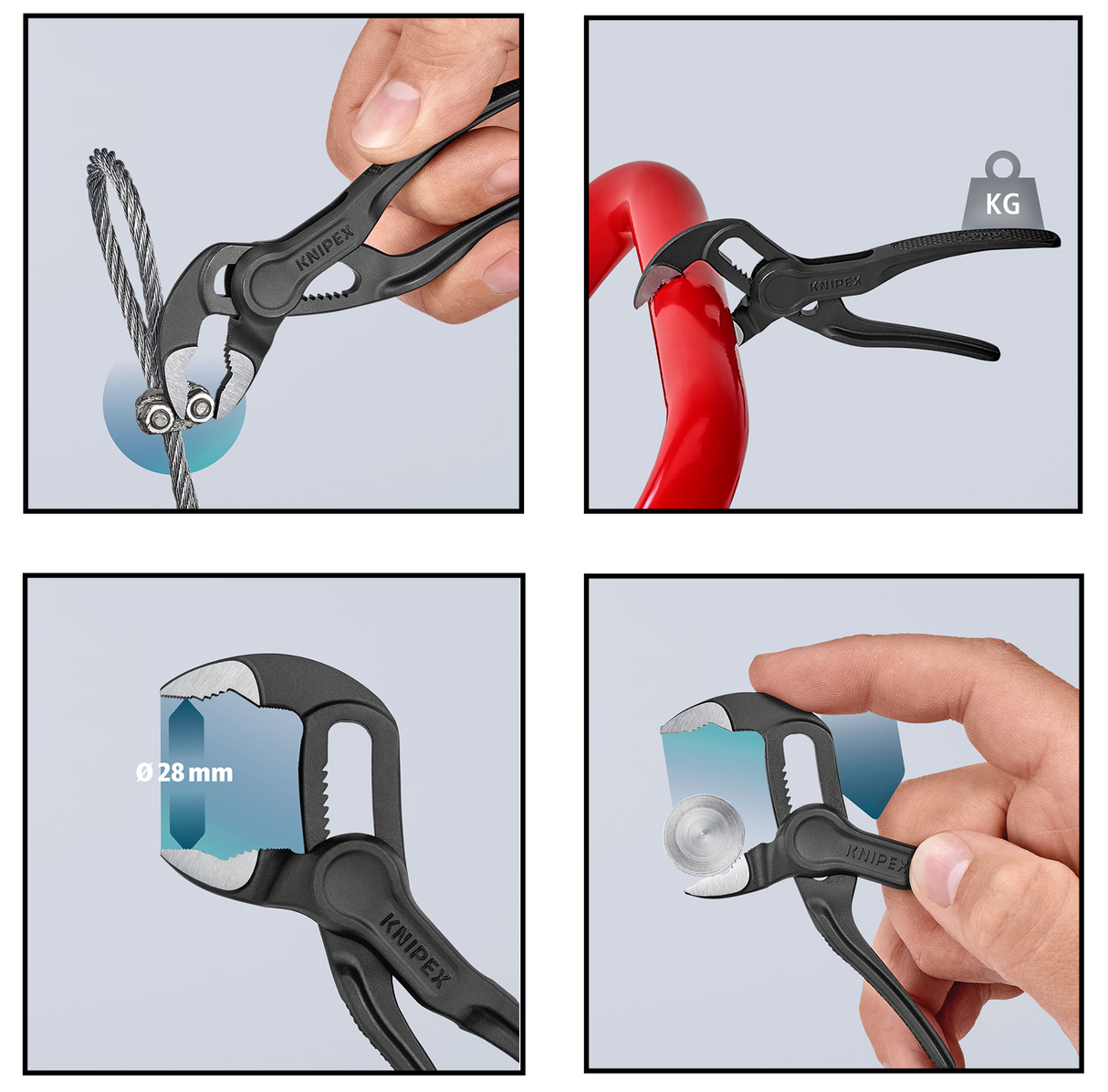 A close-up of the KNIPEX Cobra XS (100mm) gripping a nut, showing its exceptionally slim head.