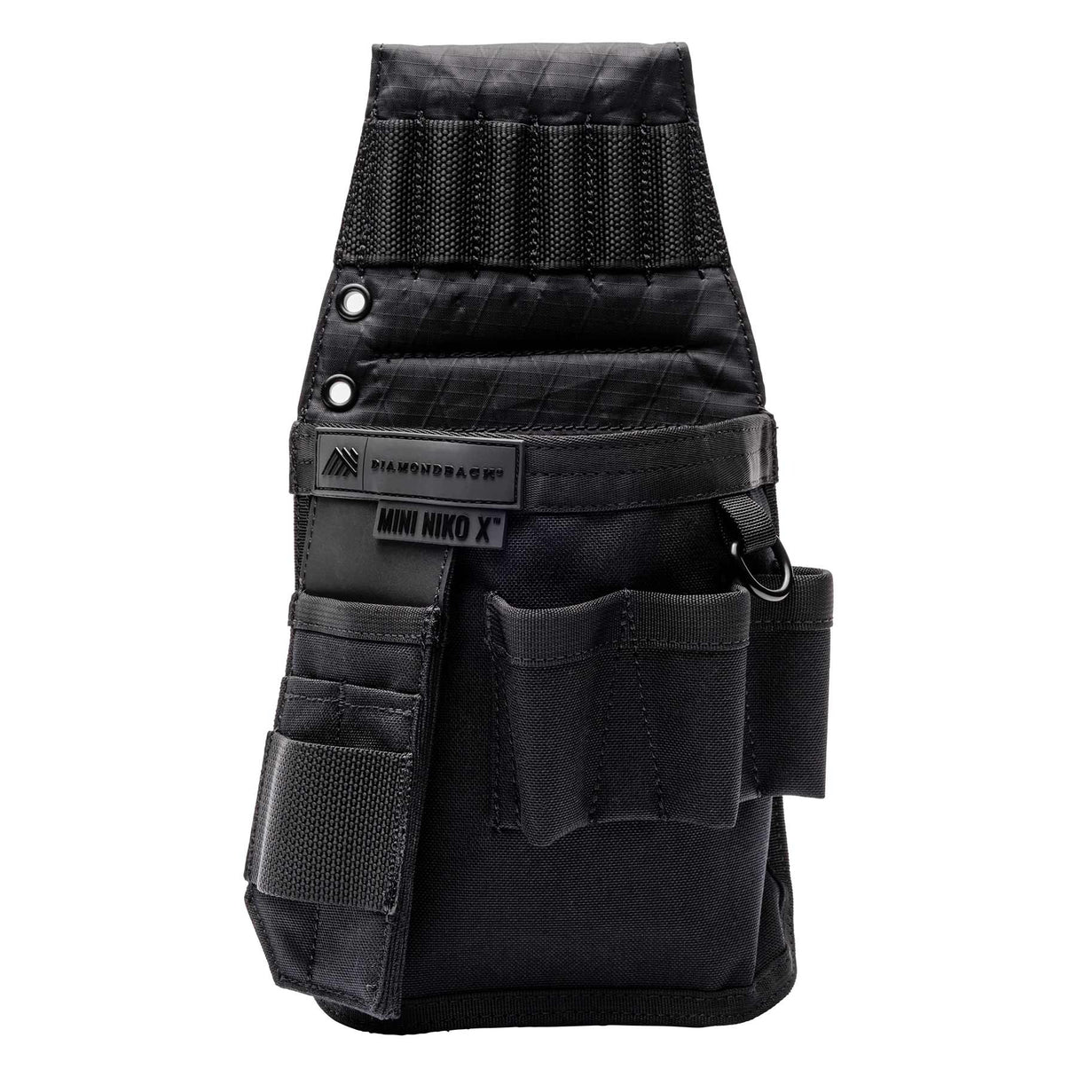 A left-handed Diamondback Mini Niko X pouch on a tool belt, loaded with pliers and drivers