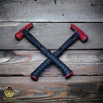 Two Black and Red M1-15Oz  Martinez hammers on wooden surface.