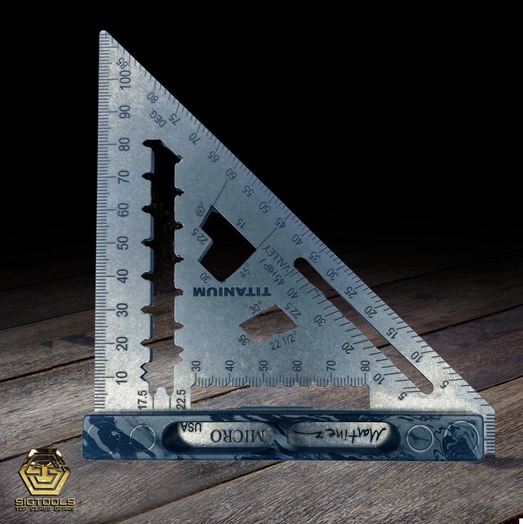 A titanium micros square tool with metric measurements, designed for precision work in low-light conditions.