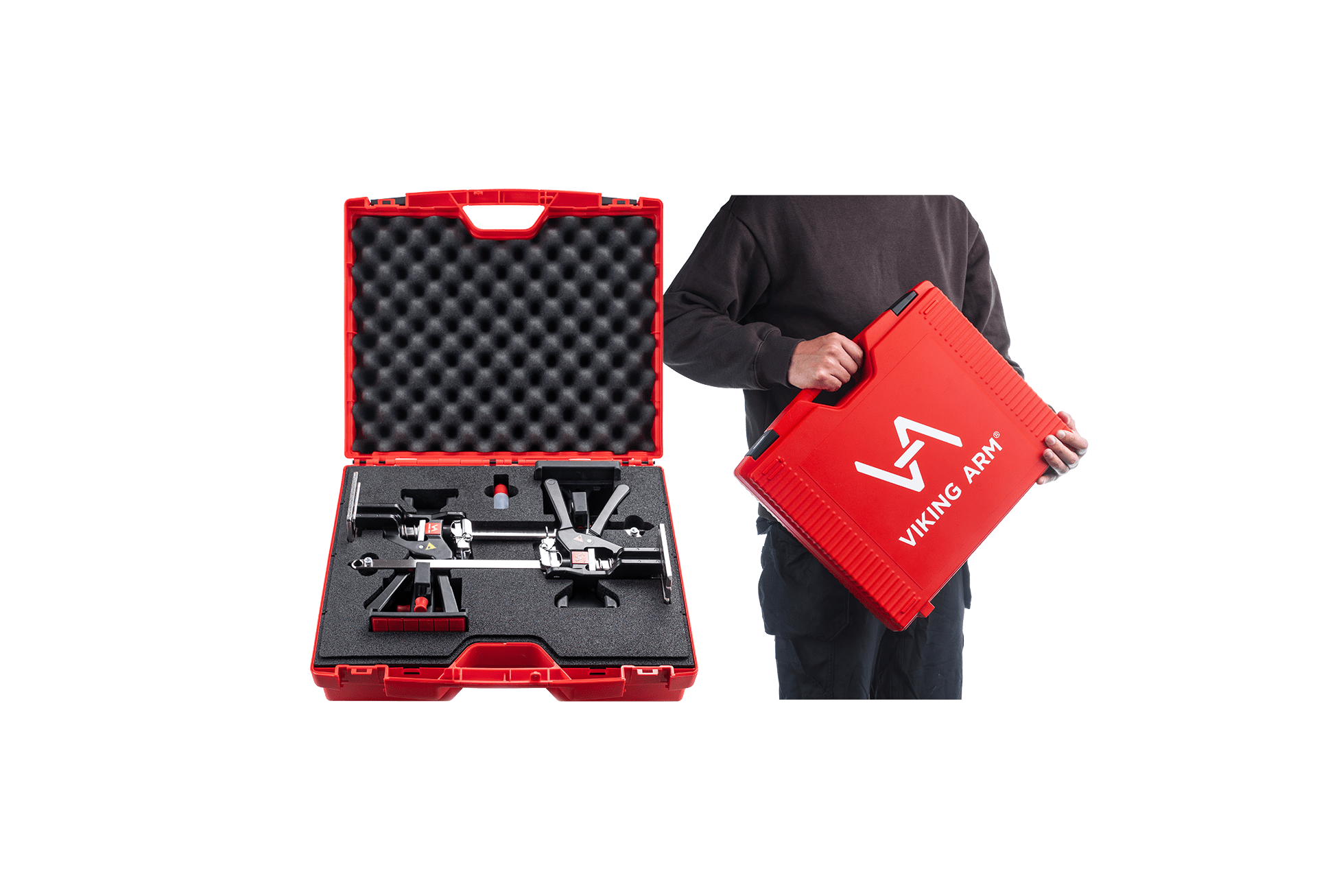 Durable tool case for the Cabinet Installation System, measuring W437 mm x H379 mm x D160 mm, featuring hard-cut quality foam inserts and additional softer protective foam in the lid, ensuring secure and organized storage of installation tools.