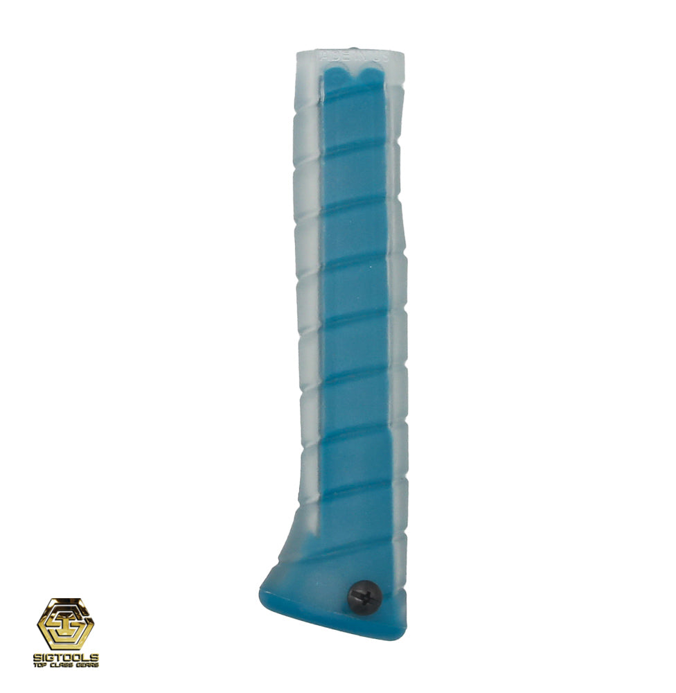 Close-up of Martinez M1/M4 Replacement Grip with Aqua Insert and Clear Overlay. The grip is curved in shape.