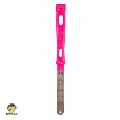The pink color handle of an M1 Martinez hammer, designed for optimal grip and control during use.